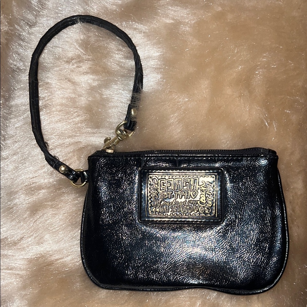 Coach Poppy Black Patent Leather Wristlet with Gold Accents